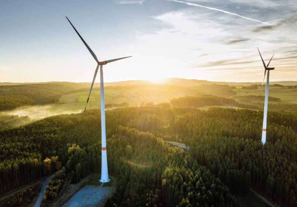 Wind Turbine in the sunset seen from an aerial view